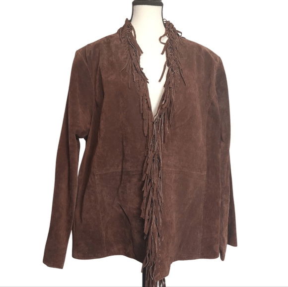 Dialogue Jackets & Blazers - NEW Women's Leather Fringe Blazer Jacket Western  BOHO style Size 2X Brown NWT